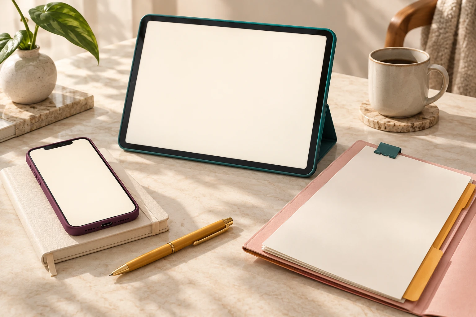 Realistic product composition of a tablet, phone and care folder for family coordination