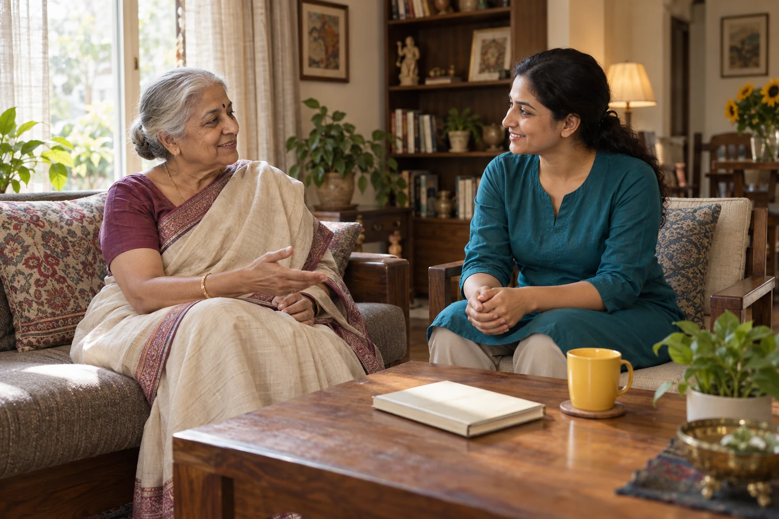 An older adult and care companion enjoying a conversation at home