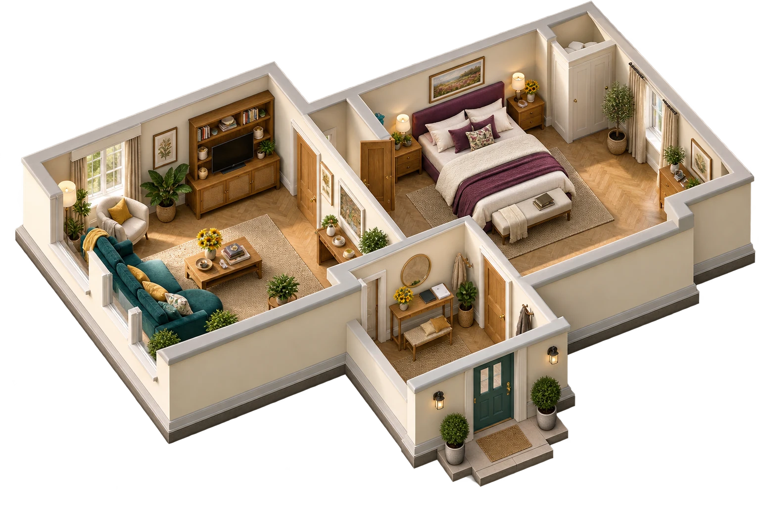 Realistic architectural cutaway of a lived-in home, with a living room, resting space and area for a care visit