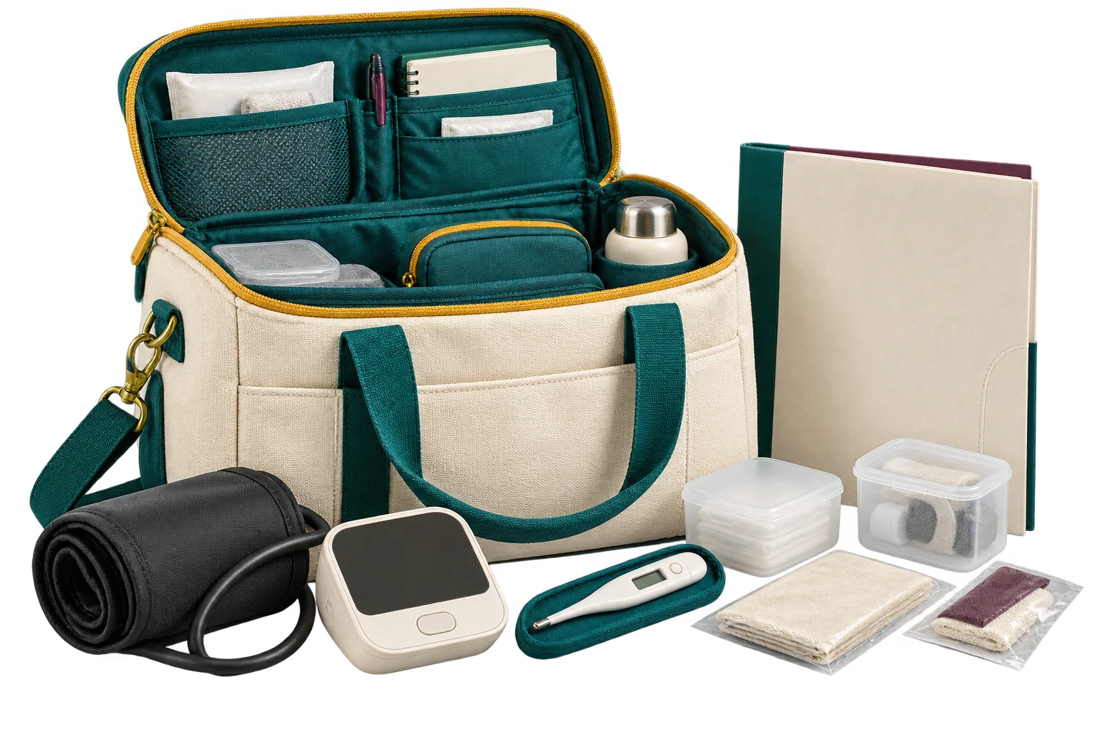 Photorealistic open visiting-care bag with organised equipment and a care folder