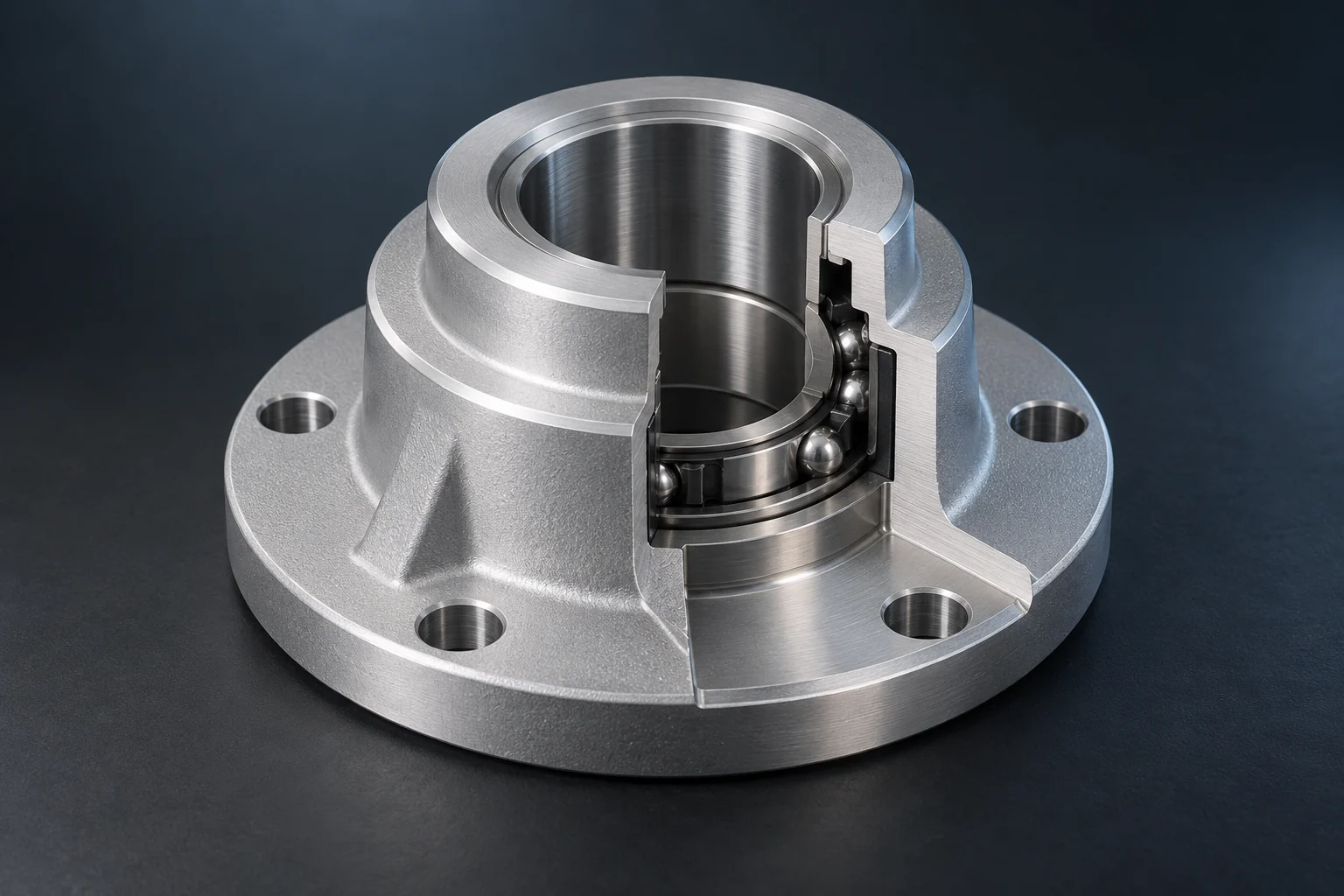 Precision aluminium bearing housing with a section revealing its stepped bore and internal steel bearing.