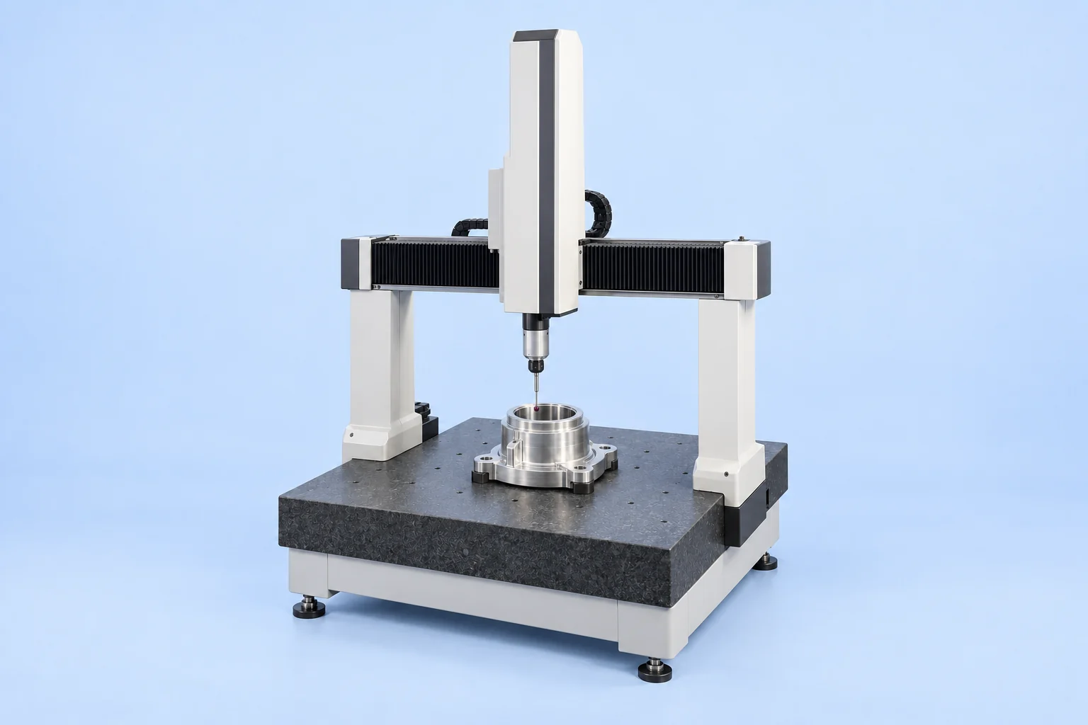 A precision gantry inspection machine with a ruby probe above a machined bearing housing on a granite table.