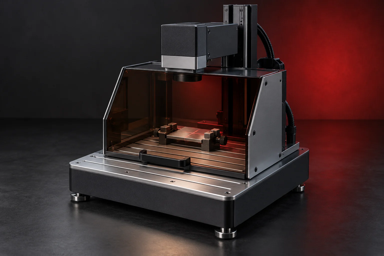 Compact precision laser-marking station with a clamped metal identification plate and a controlled red marking line.