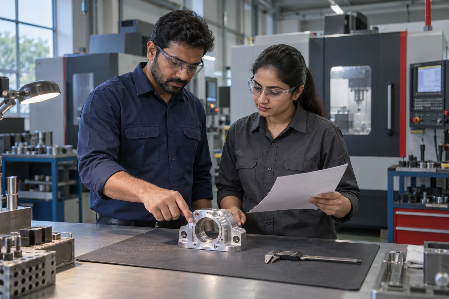Manufacturing and quality colleagues reviewing a metal component and its drawing at a workshop bench.