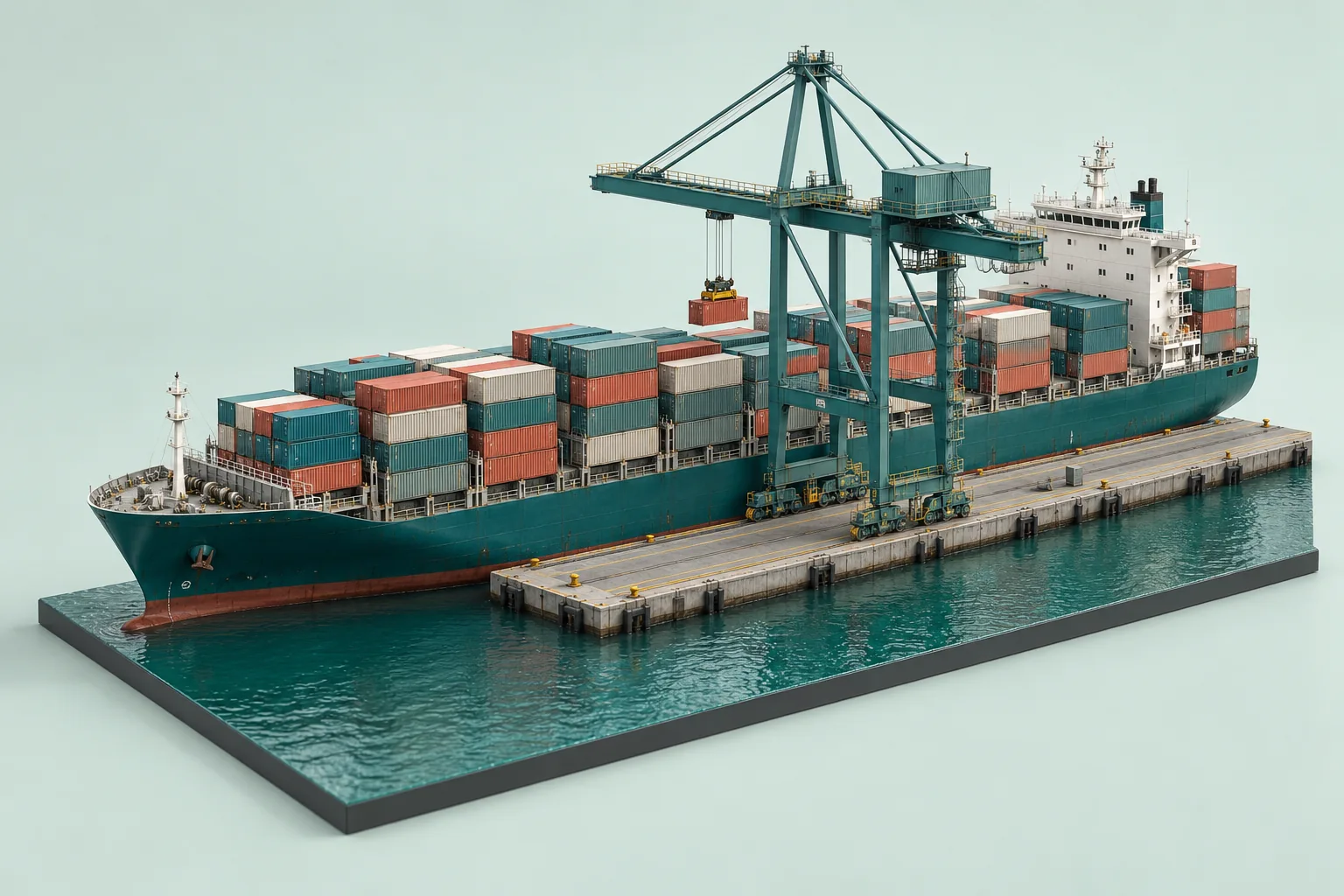 Detailed container ship alongside a quay crane, with a cargo container ready for transfer from the dock to the vessel.