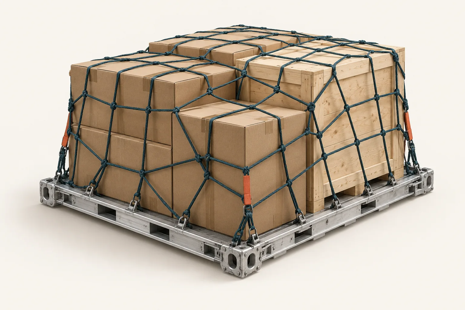 Detailed air-cargo pallet with dimensional cartons, a protected wooden crate, aluminium pallet base and woven restraint net.