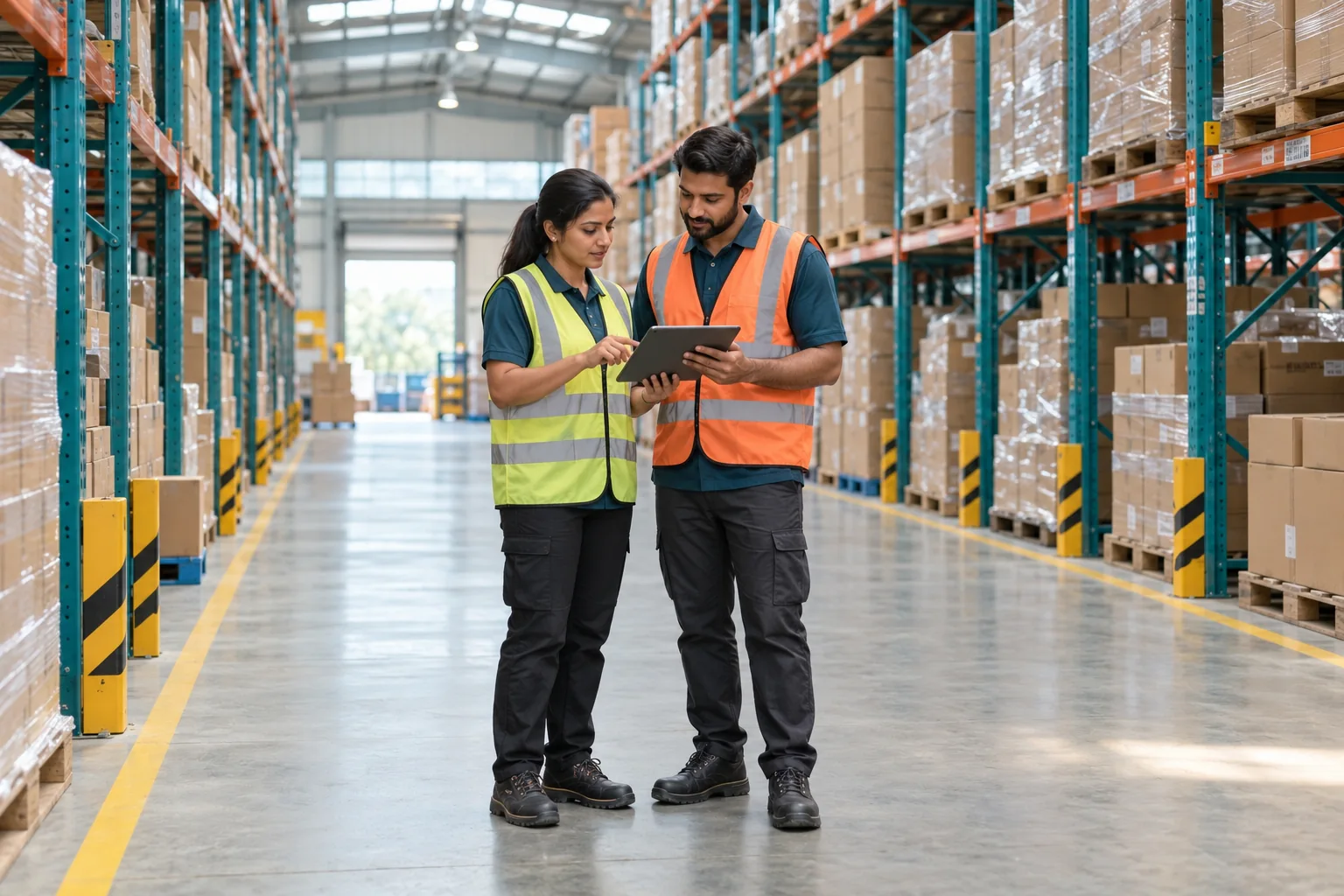 Two Indian logistics professionals reviewing shipment information on a tablet in a clear warehouse aisle