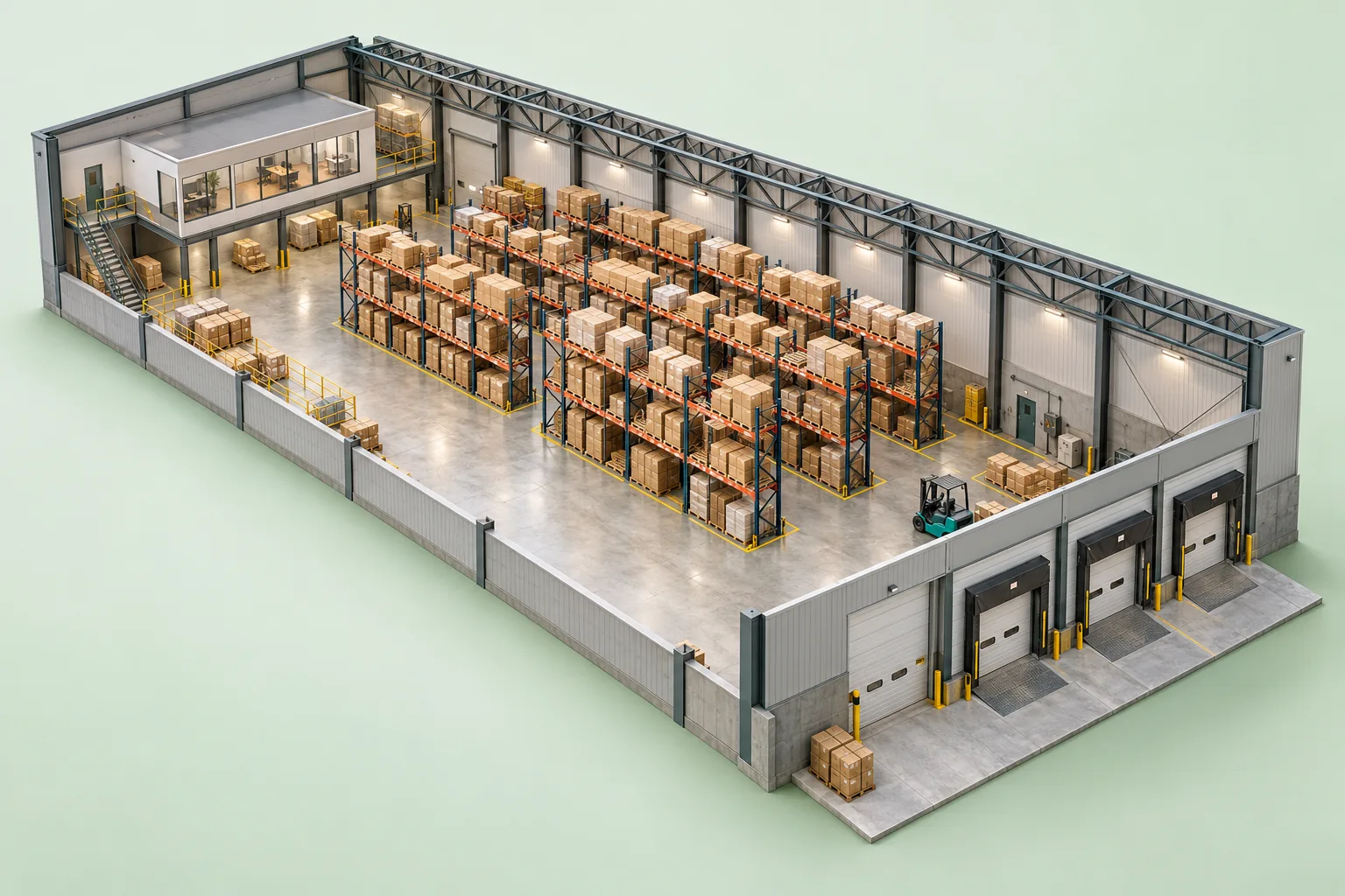 Architectural cutaway of a distribution warehouse with steel pallet racks, loading dock, packing area and a pallet shuttle.
