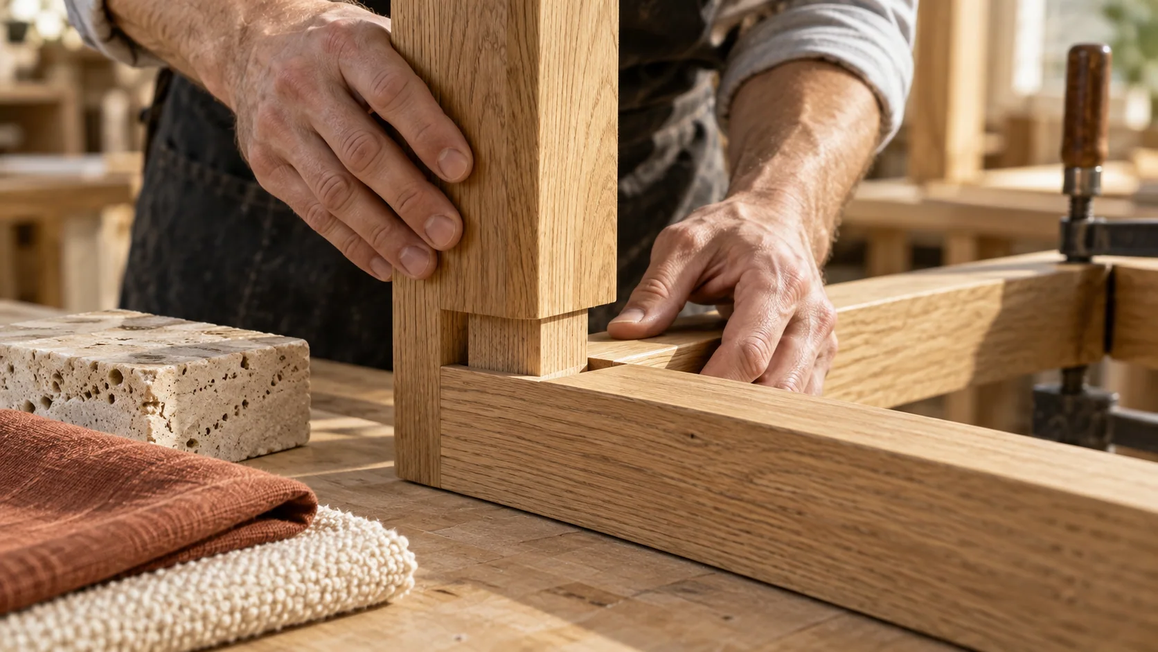 Close detail of warm oak grain, stone and a considered furniture joint