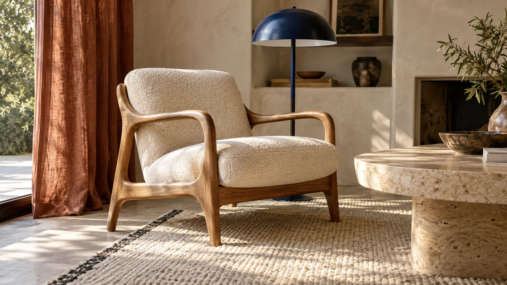 An oak lounge chair and tactile room details in a warm contemporary home
