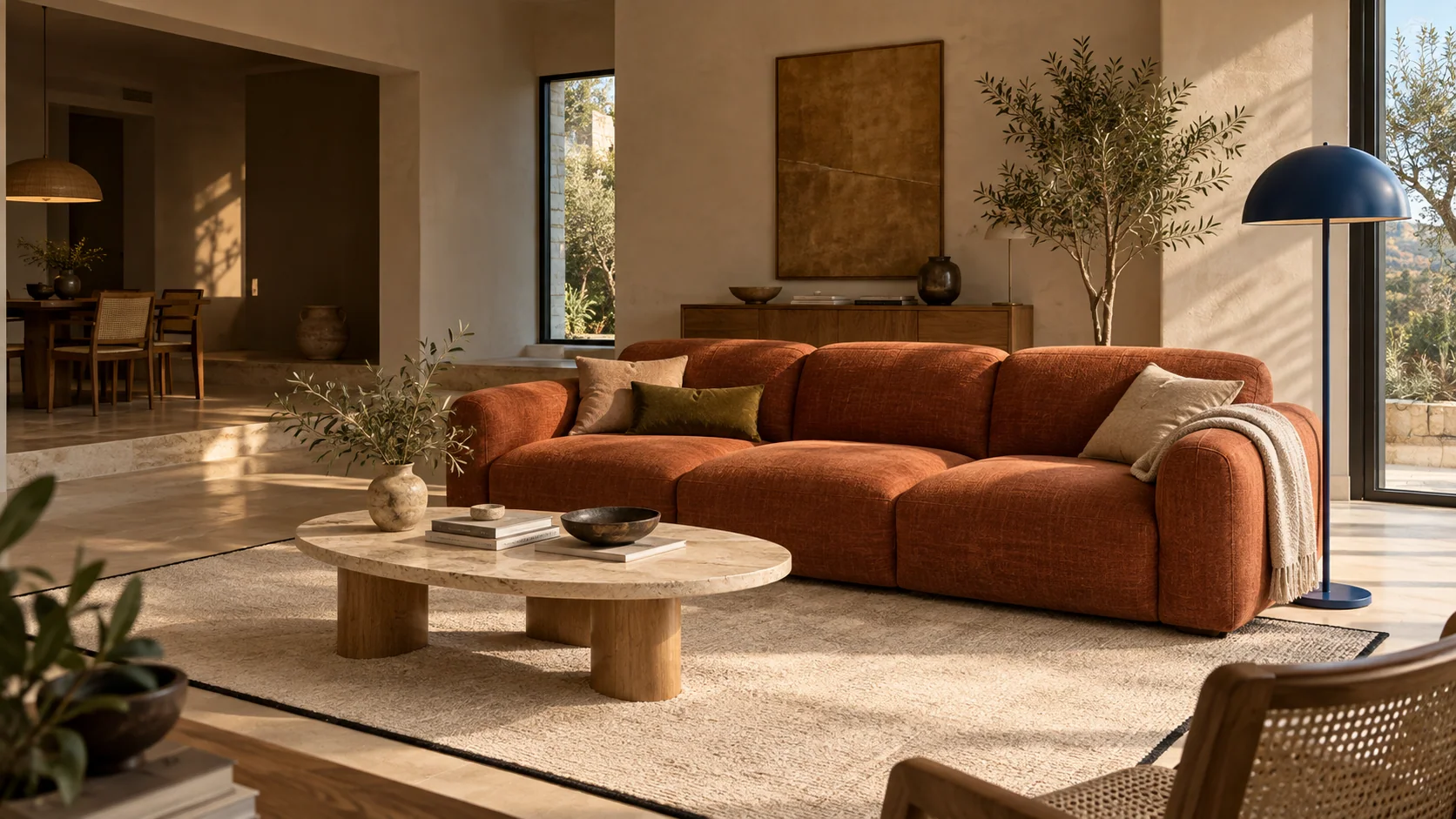 A sunlit living room with a terracotta modular sofa, warm stone coffee table and sculptural cobalt lamp