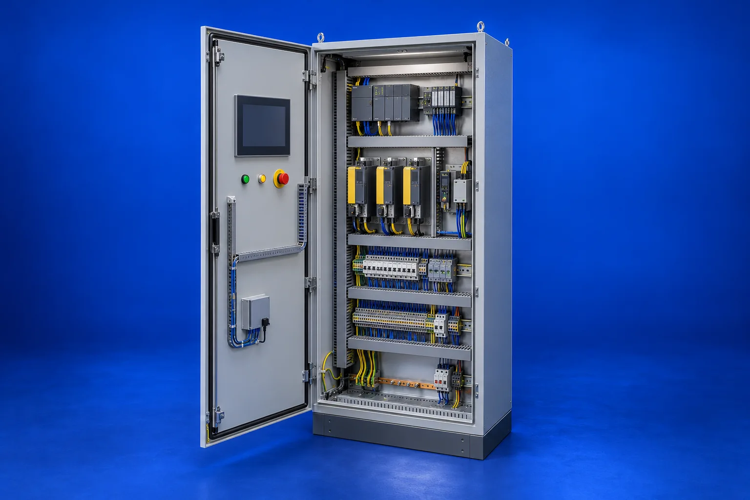 Realistic industrial electrical cabinet with an open hinged door, PLC modules, drive units, terminal banks and arranged cable routes.