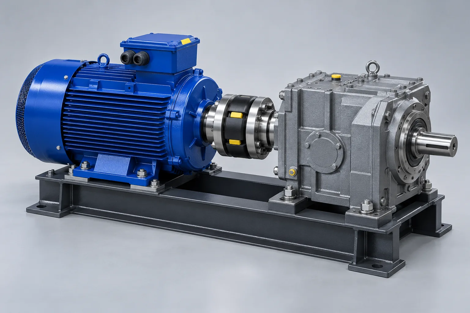 Complete industrial motor, flexible coupling and gearbox mounted on machined steel base rails.