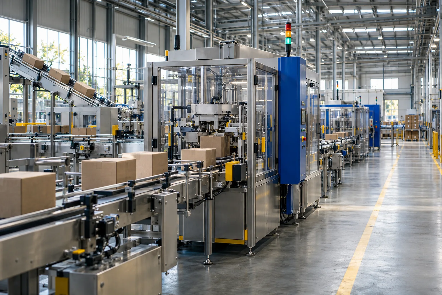 Cinematic view across a modern packaging production floor with conveyors, guarded machines and a clear service aisle