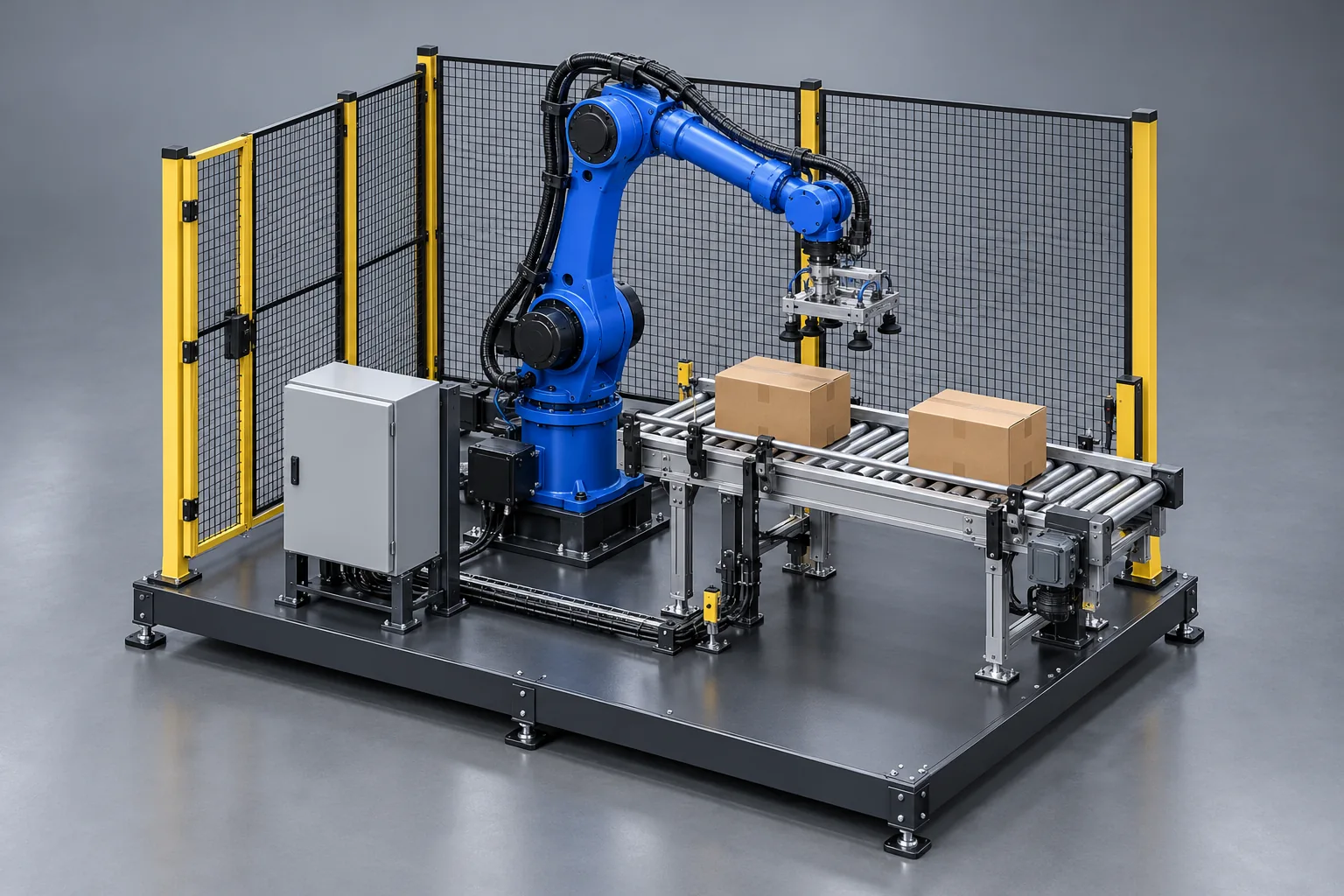 Realistic industrial robotic arm with a conveyor, guarded work area and a component transfer fixture.