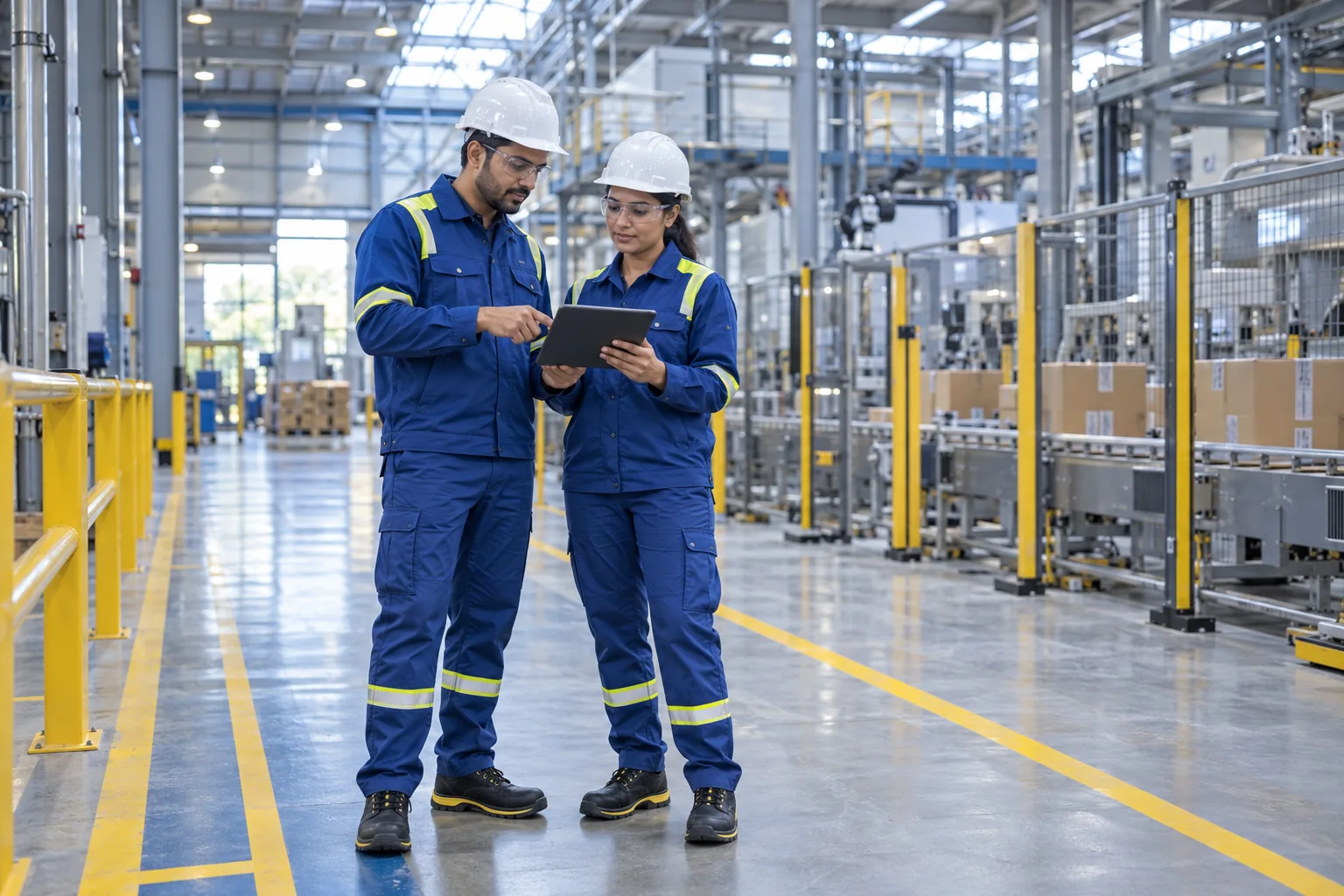 Indian plant engineering lead and service engineer reviewing a tablet in a safe factory walkway