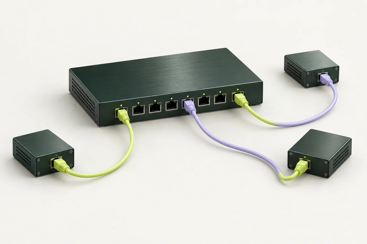 Brushed metal network gateway with distinct lime and lavender cable routes.