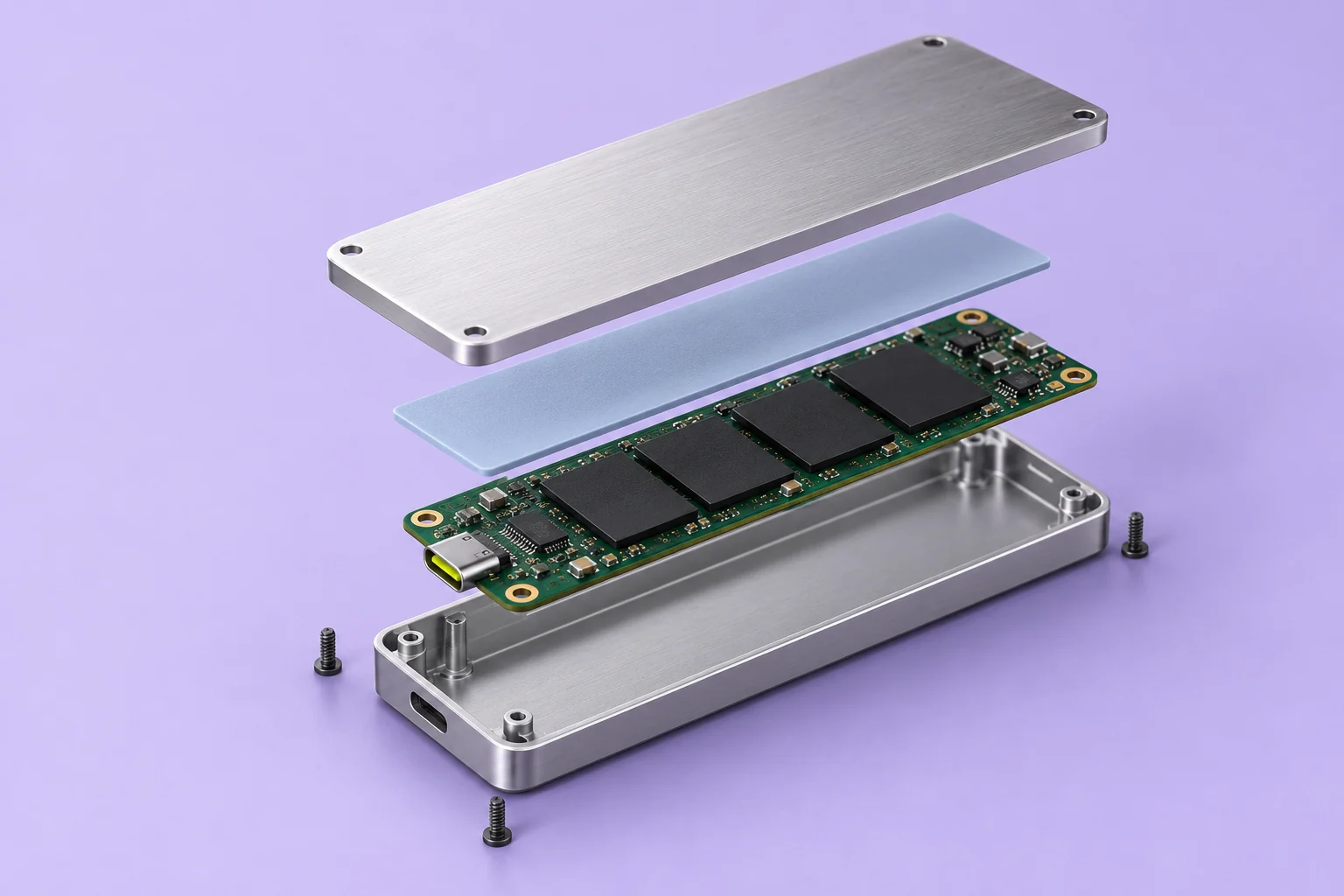 Exploded solid-state drive with aluminum casing, thermal pad and detailed circuit board.