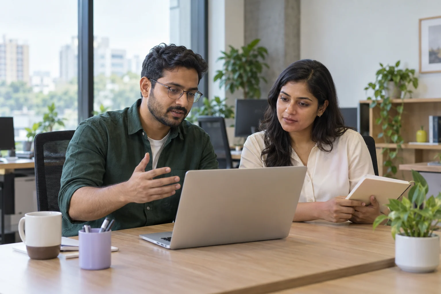 IT engineer and operations lead planning an employee handover together.