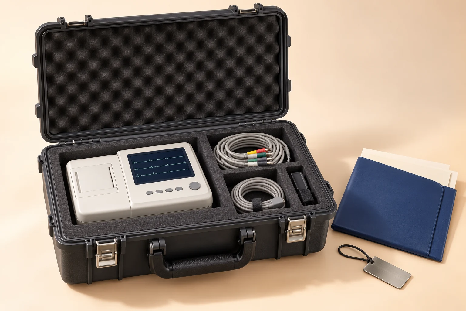 Open hard equipment transit case with fitted foam, a compact ECG unit, coiled accessories and a separate document wallet.
