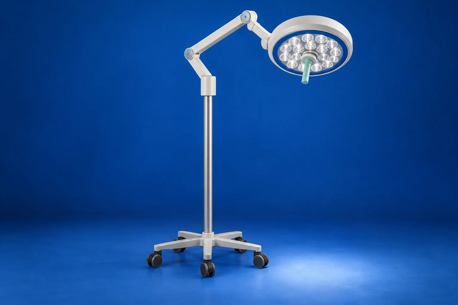 Full articulated examination light with a circular lens head, balanced arm and weighted wheeled base in a cobalt studio.