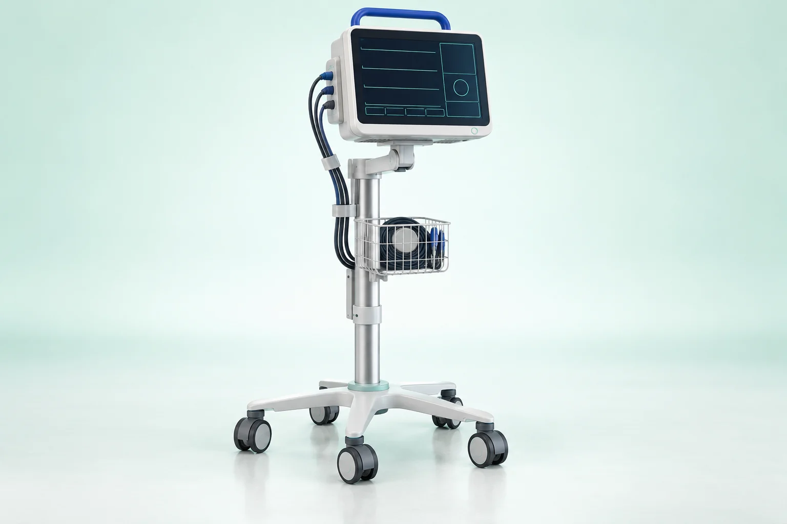 White bedside monitor on a polished mobile trolley with a cobalt handle, accessory basket and five caster wheels.