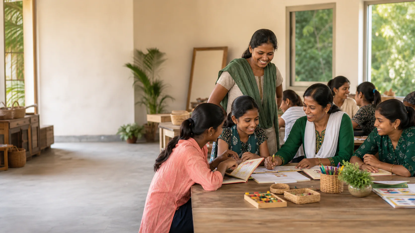 Women community leaders and girls gathered in a bright learning centre