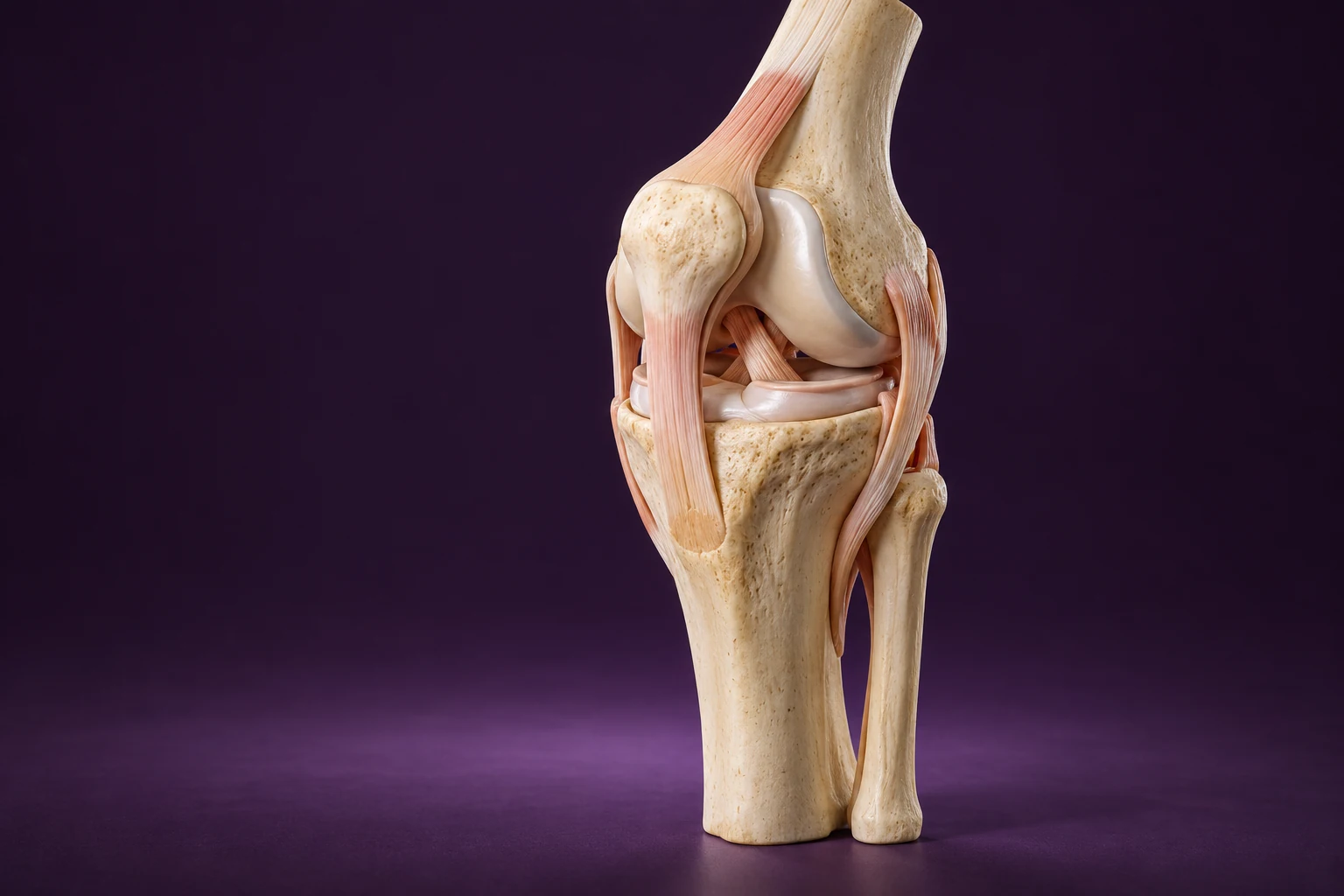 Realistic educational three-dimensional knee joint study showing bone and supporting tissues
