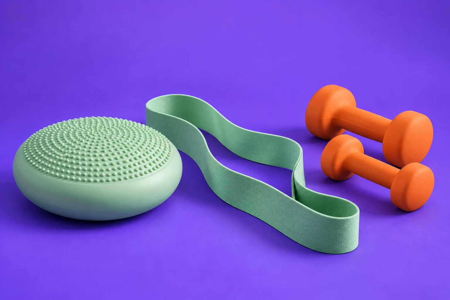 Premium three-dimensional studio composition of resistance bands, rounded weights and a balance pod