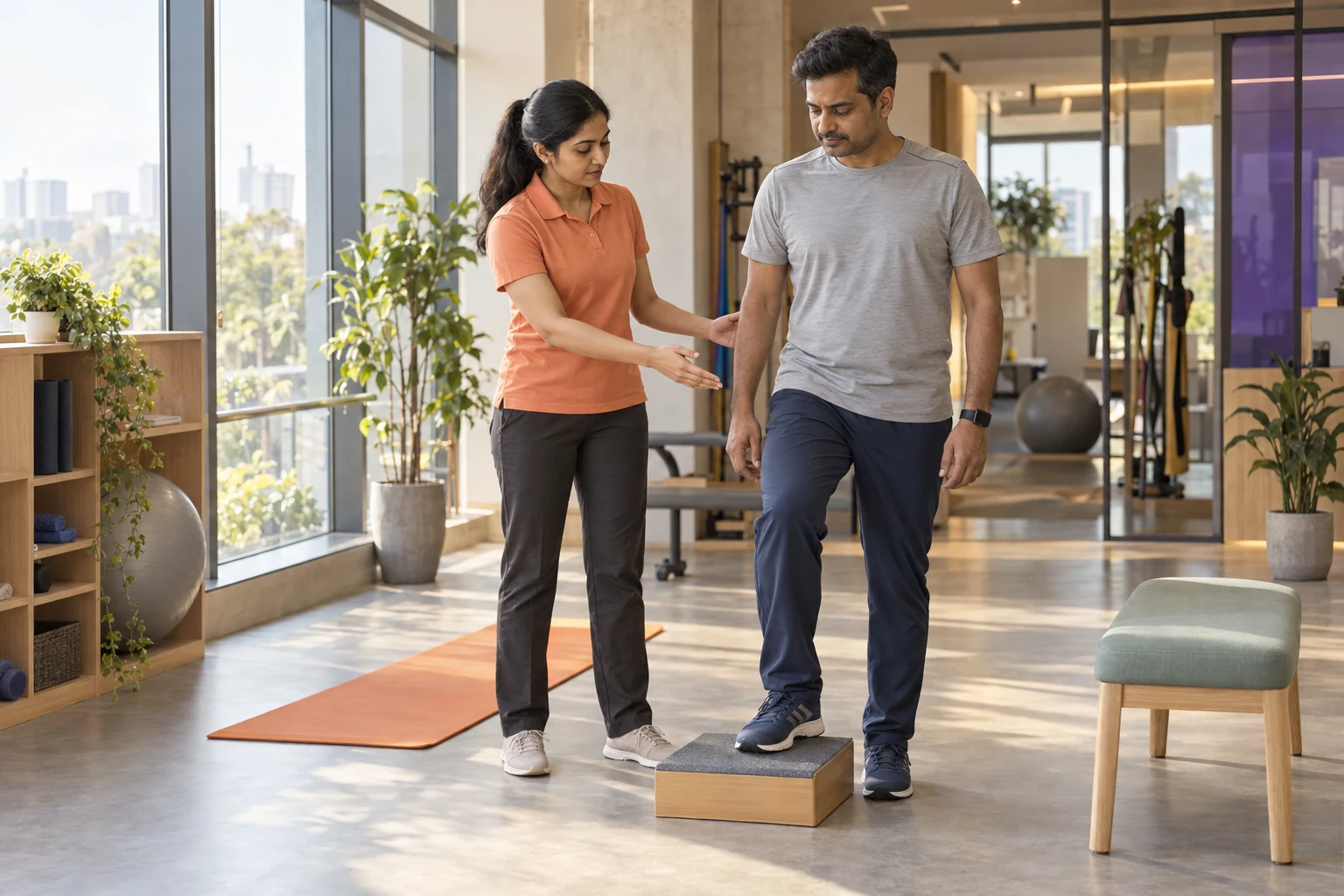 A physiotherapist supporting an adult through a supervised movement session