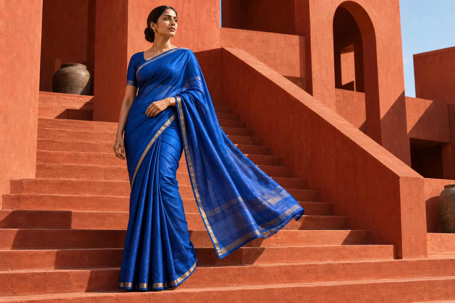 A cobalt sari with a golden border, worn against sunlit terracotta architecture