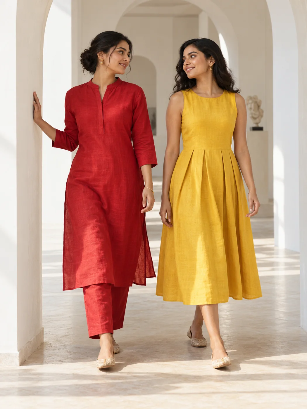 Two women in a sindoor co-ord and a marigold dress in a sunlit gallery