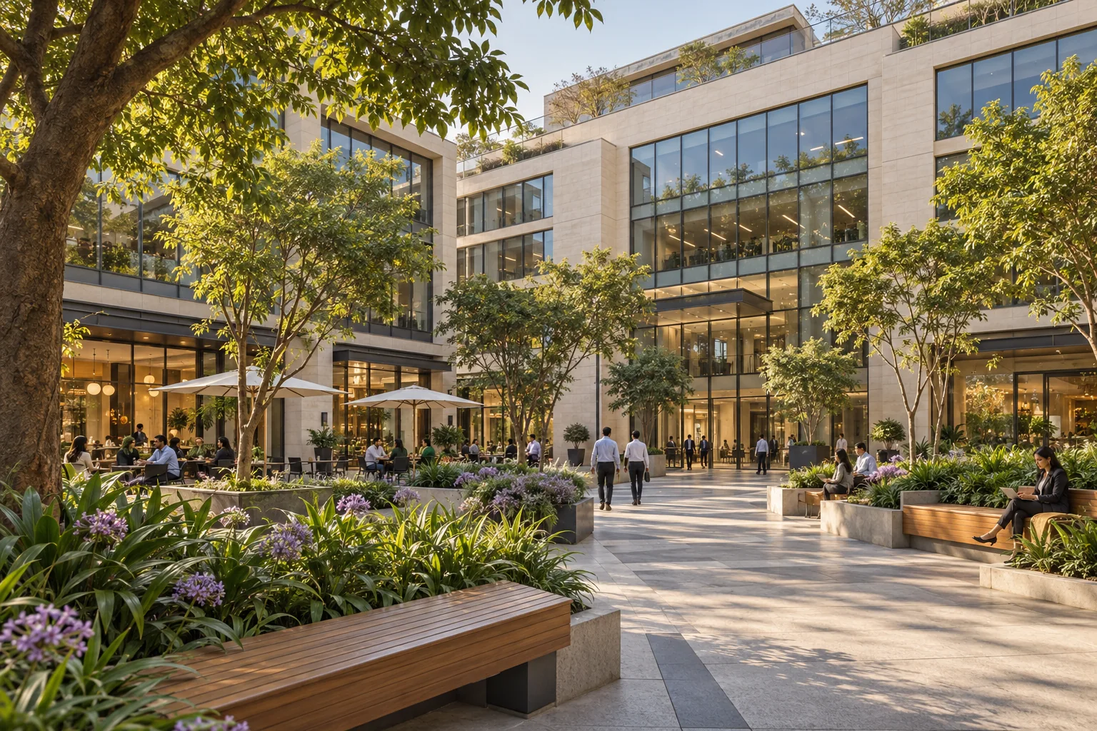 Sunlit commercial courtyard with glass and stone office facades, landscaped seating and generous shared walkways
