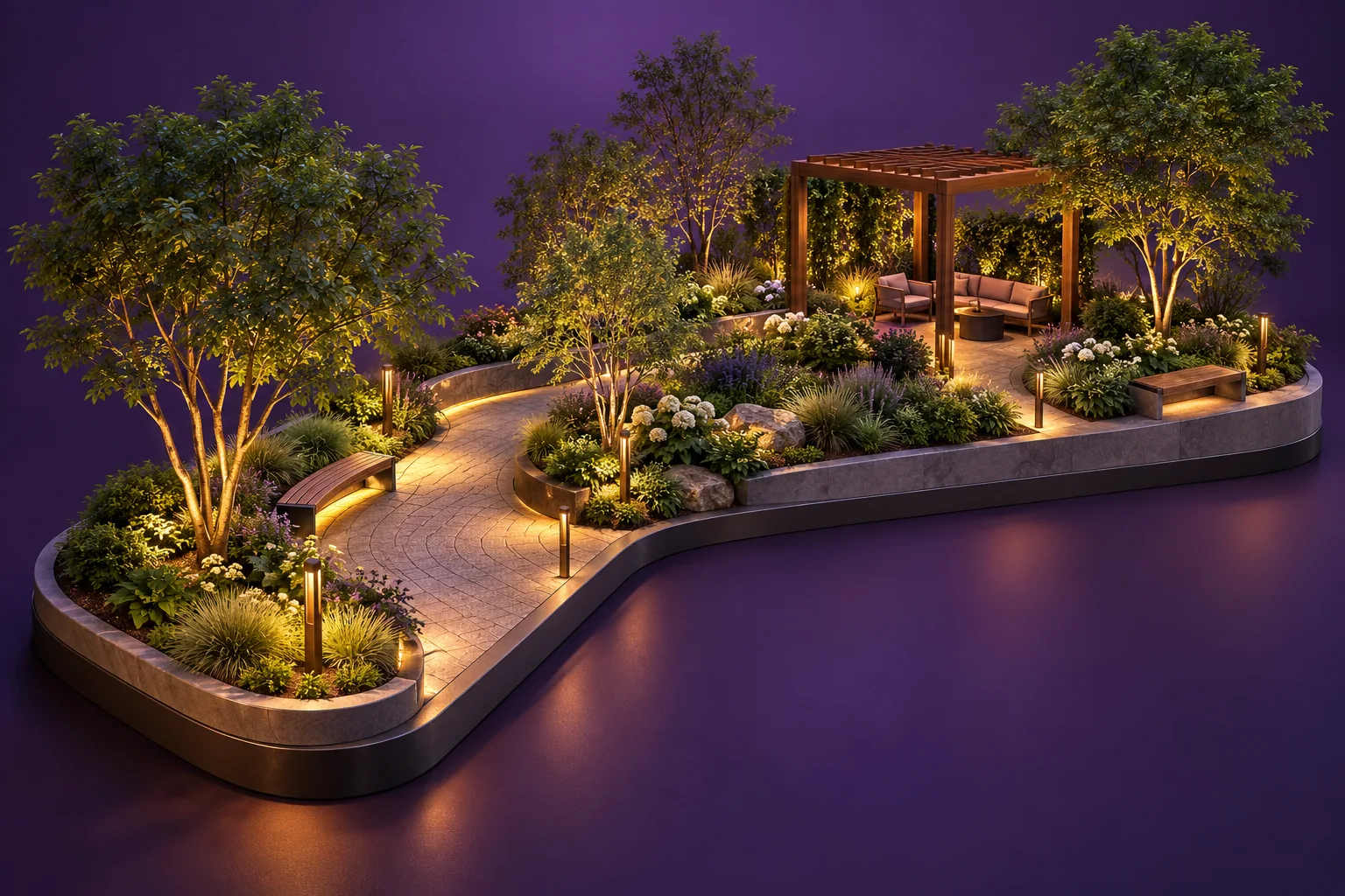 Architectural courtyard model with planted terraces, pergola, benches, stone paths and small warm path lights.