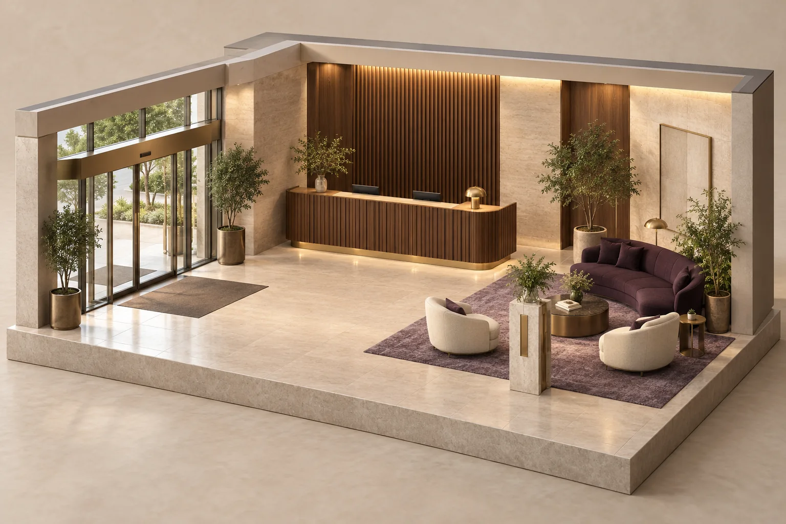 Refined cutaway lobby with sliding glass entrance doors, a timber reception desk, lounge seating, wayfinding and indoor greenery.