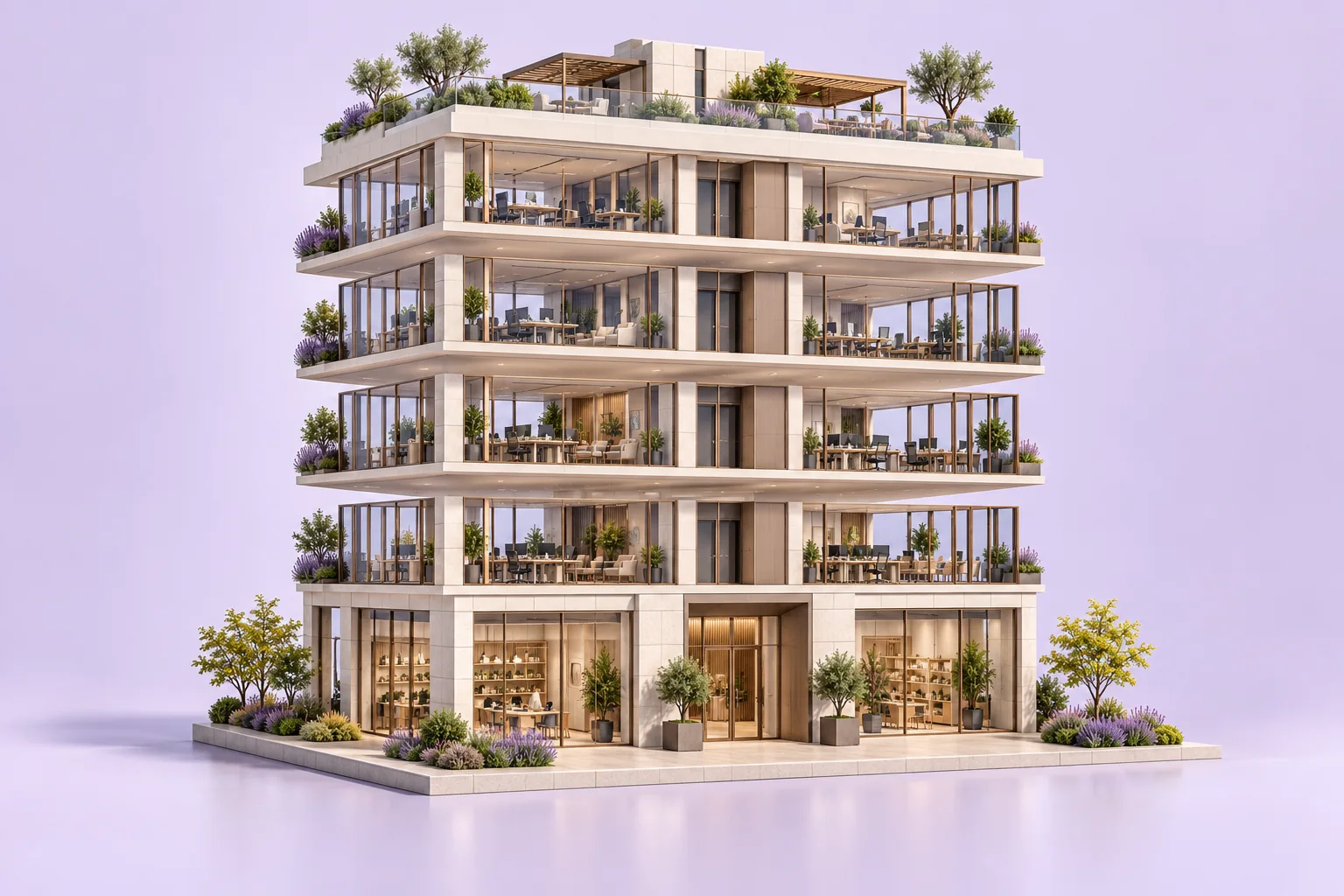 Architectural model of a stone and glass commercial building with five occupied levels, a reception canopy and landscaped roof terrace.
