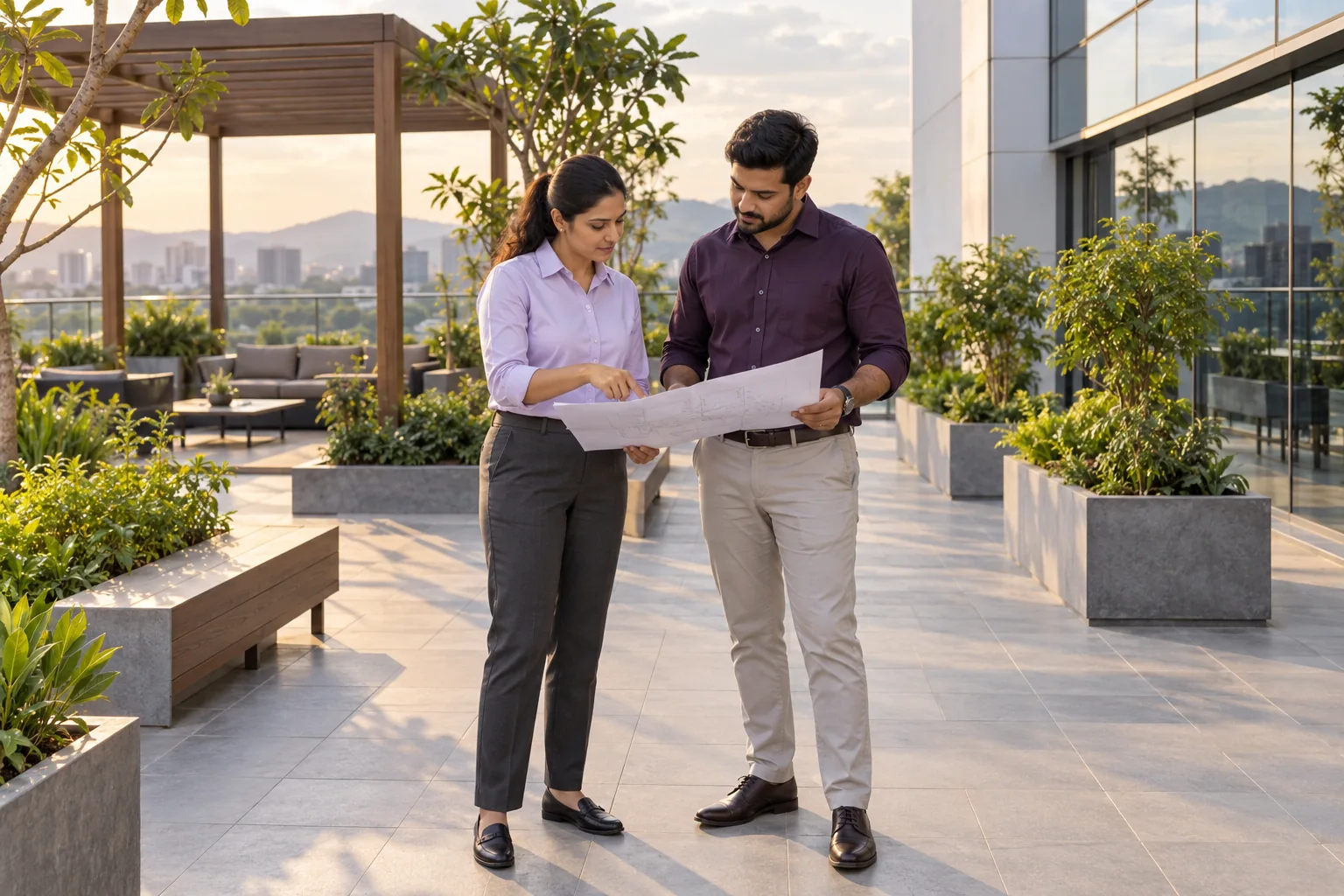 Illustrative Indian property manager and facilities coordinator reviewing a site plan on a commercial building terrace