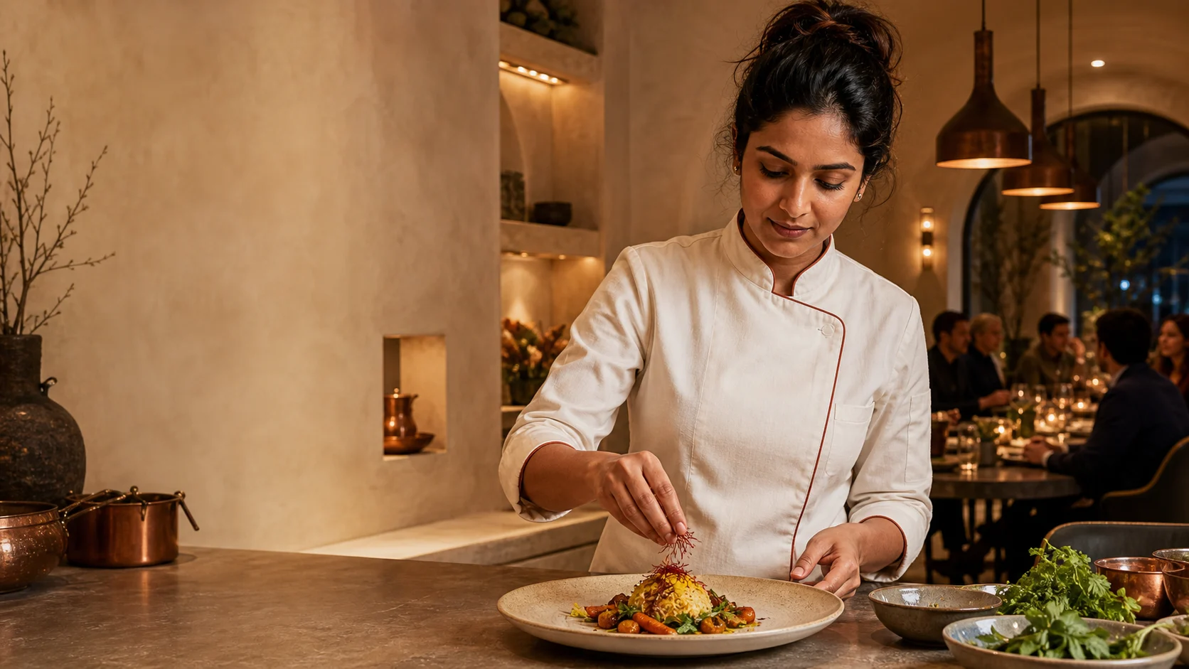 Fictional chef Mira Anand in the Saffron and Stone kitchen