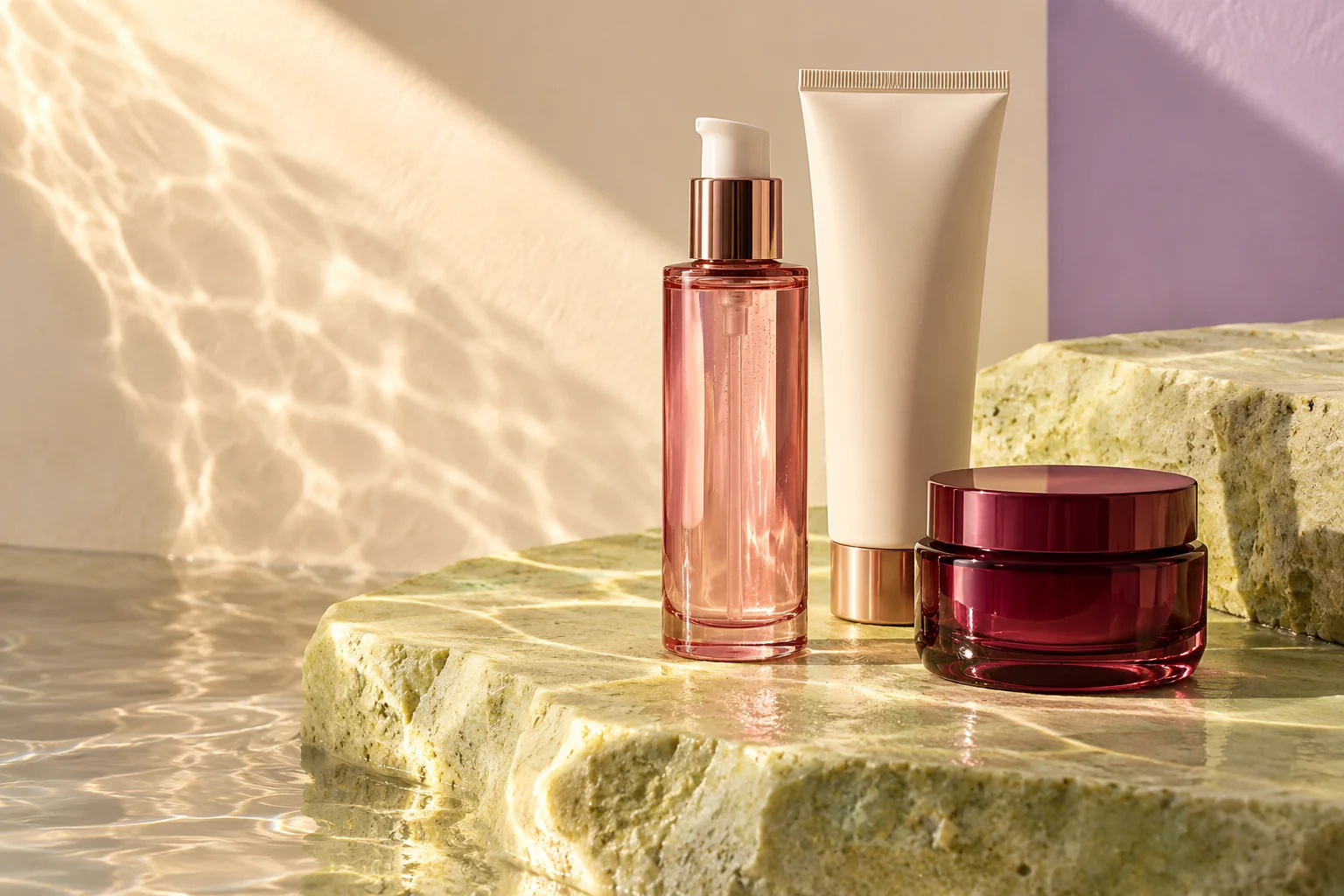 A curated skincare ritual: pink glass serum, ivory tube and burgundy cream jar in natural sunlight