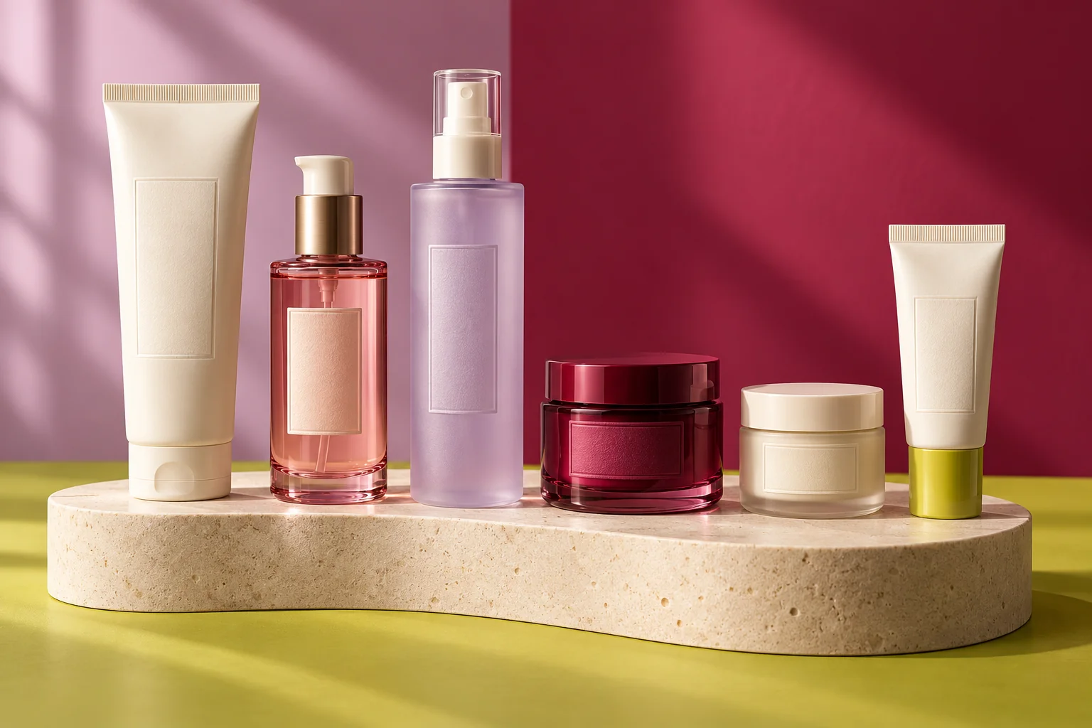 A considered arrangement of cleanser, serum and moisturiser on a skincare tray
