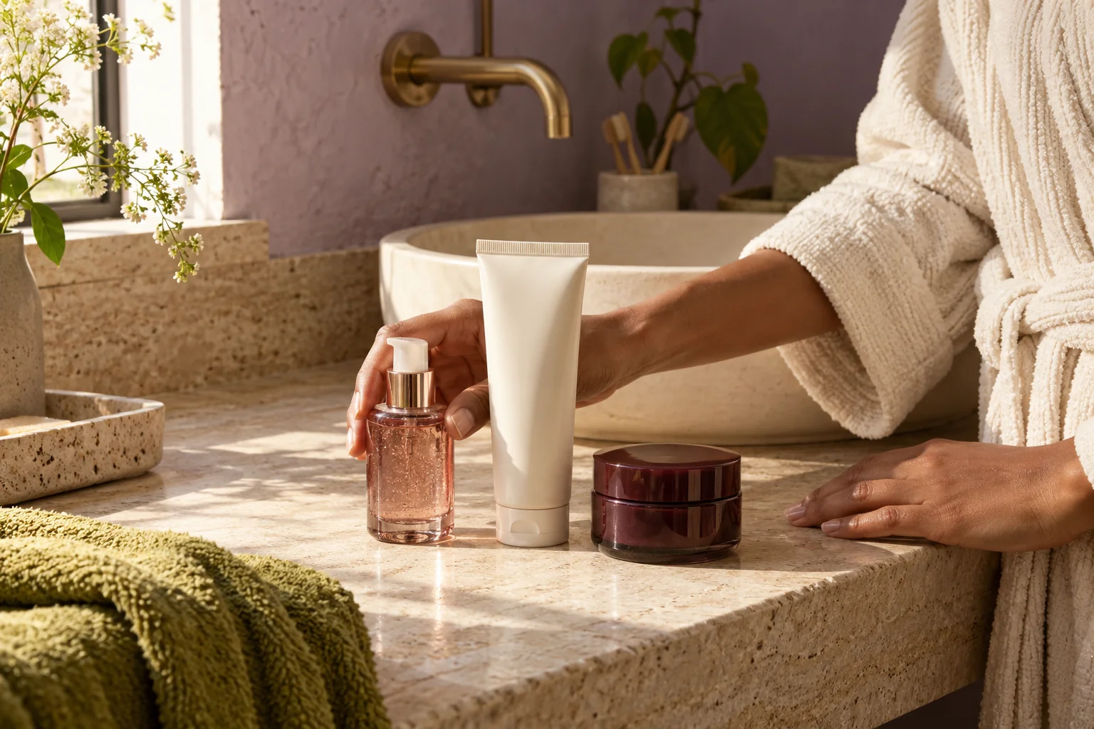 Hands making space for a simple skincare ritual at a sunlit bathroom counter