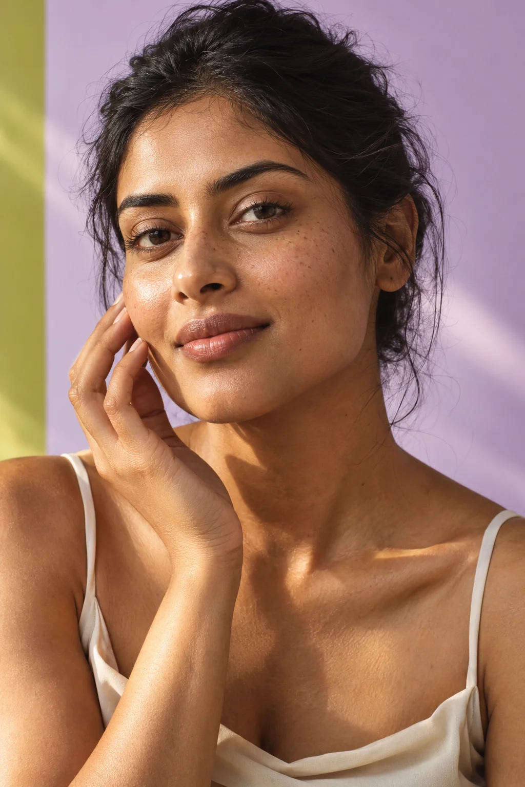 Natural skin, warm sunlight and a quiet moment in a South Asian beauty editorial