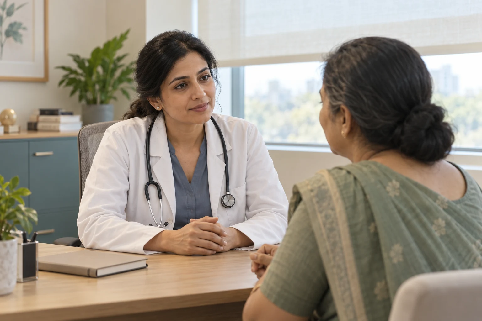 A physician listening attentively during a calm consultation with a patient