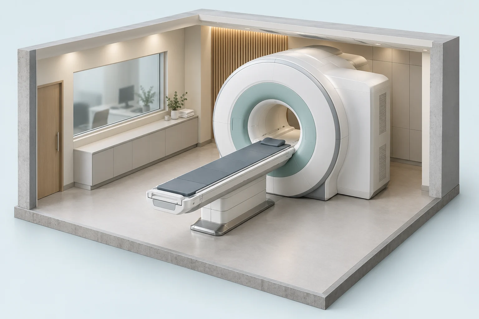 Realistic architectural product visualization of an MRI scanner, bore and patient table within a quiet contemporary imaging room.