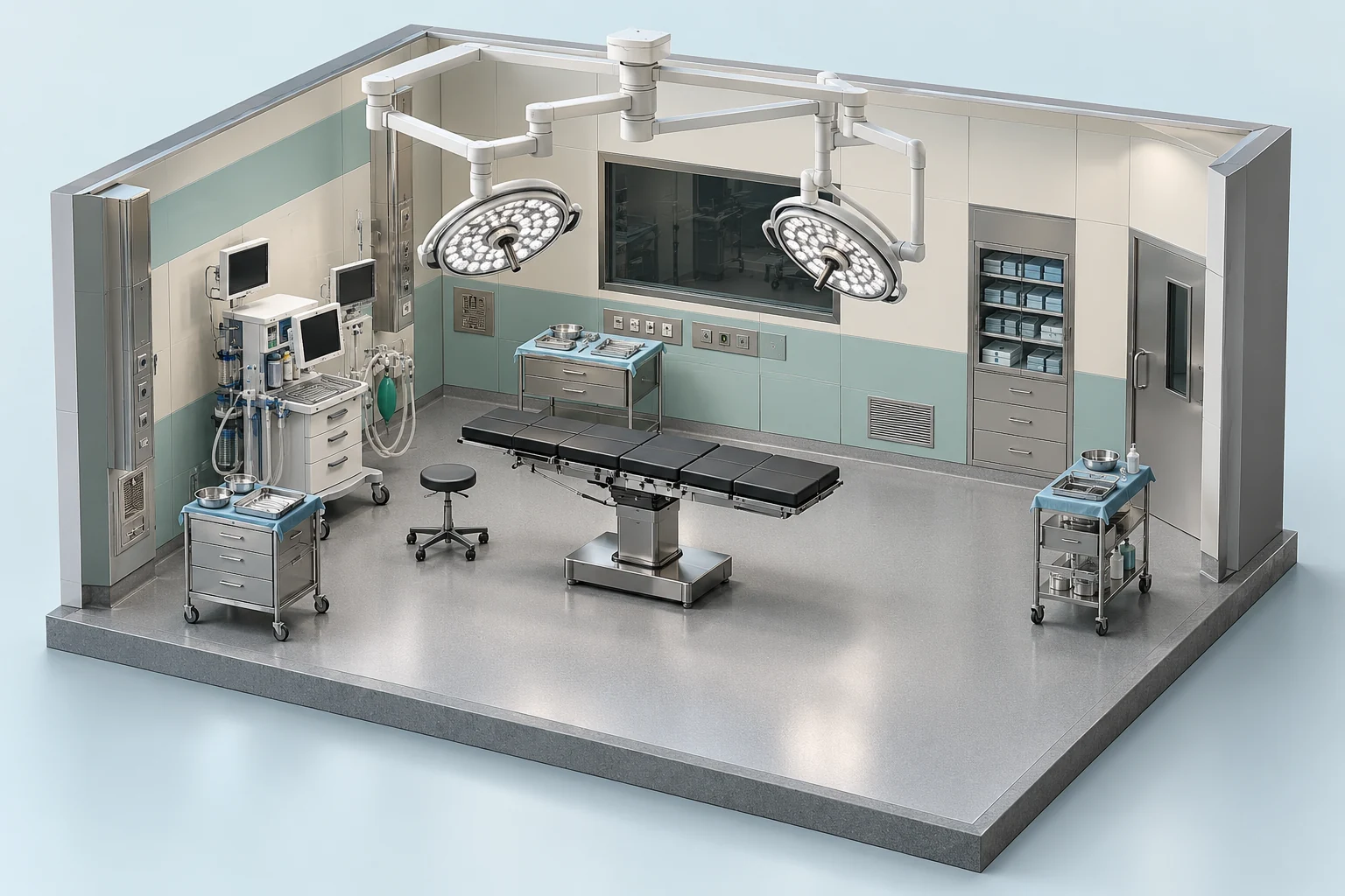 Photorealistic isometric 3D cutaway of an operating suite, showing the operating table, articulated surgical lights and clinical workstations.